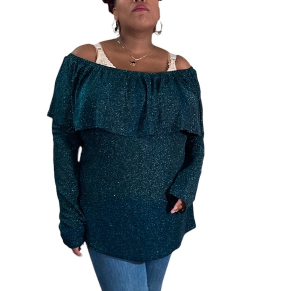 Blue Sparkly Off the Shoulder Long Sleeve Top - Picture 2 of 7